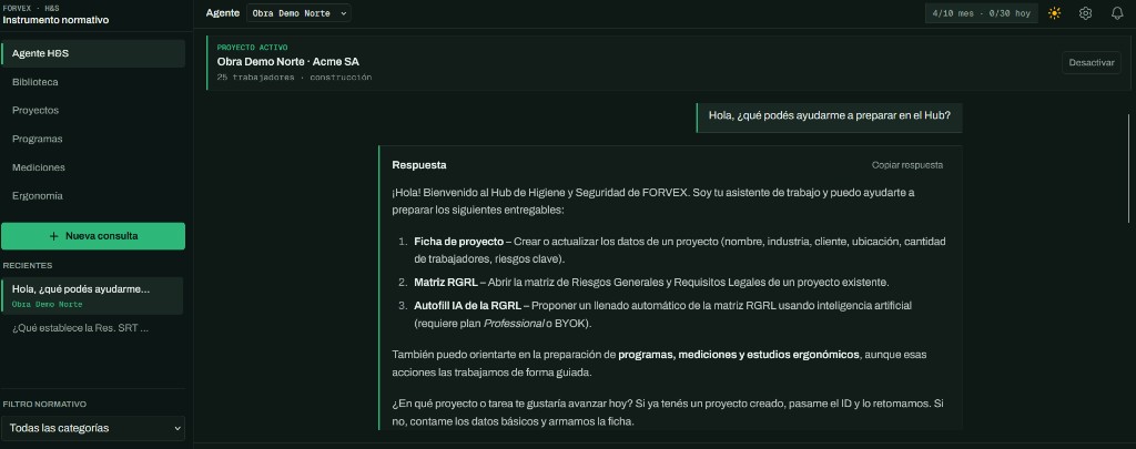 Pantalla del Agente H&S de FORVEX: sidebar de módulos, proyecto activo y conversación con respuesta estructurada